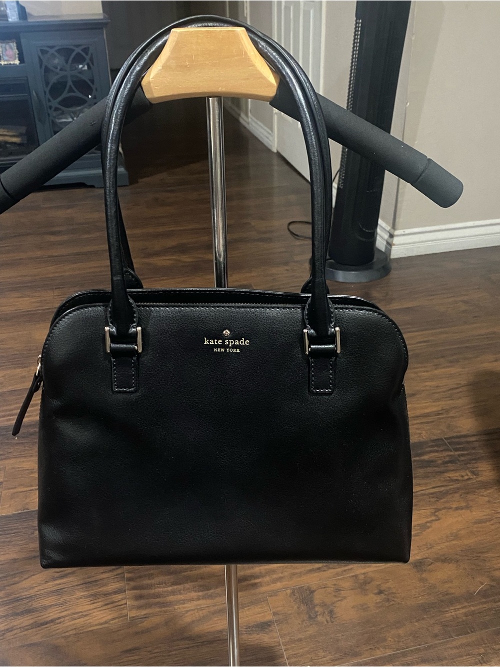 kate spade black leather satchel with gold logo hardware